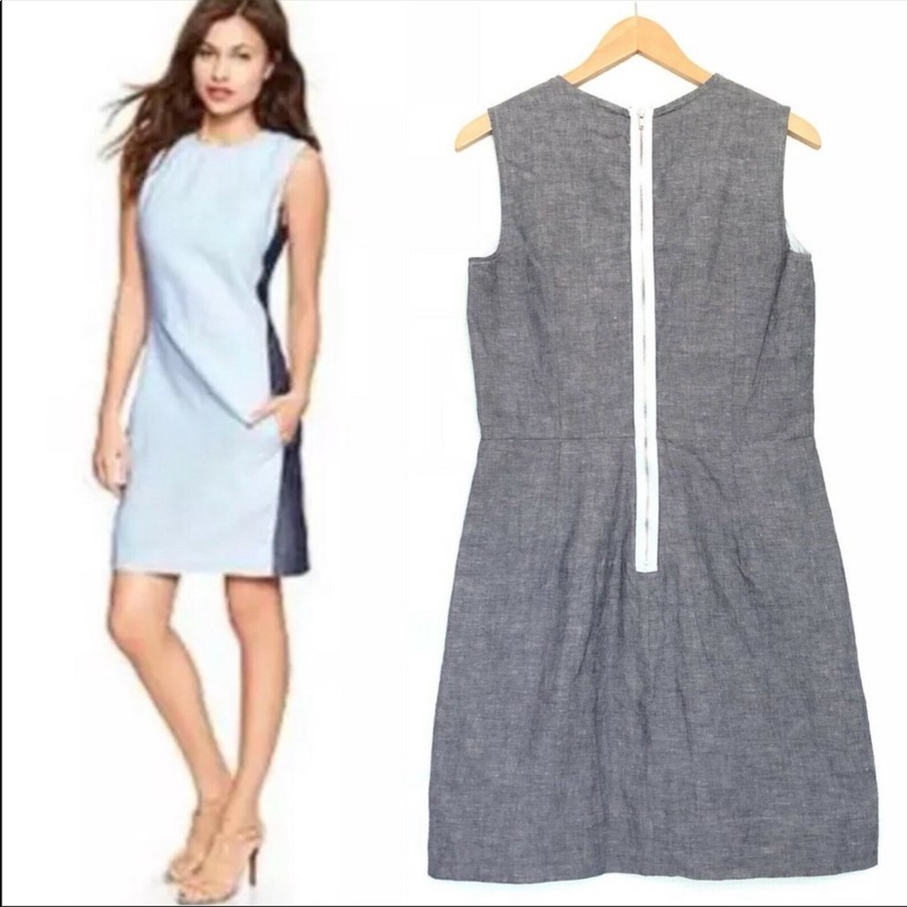 Nwot Gap Blue Color Block Chambray Linen Dress 20 - image 1